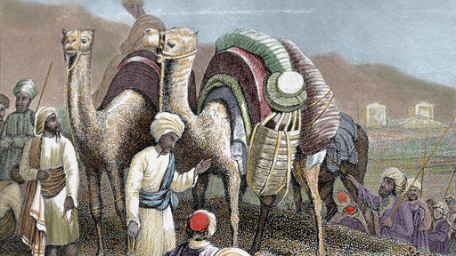Kolorierter Stich aus dem 19. Jahrhundert: Kamel-Karavane auf der Seidenstraße