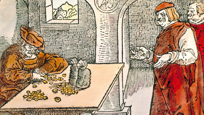 kolorierter Holzschnitt von Hans Baldung (1516), ein Geldwechsler, der am Tisch sitzt, wechselt zwei Männern Geld
