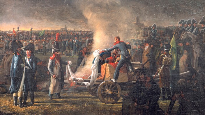 Während der "Kontinentalsperre" Napoleons zur wirtschaftlichen Isolierung Großbritanniens werden englische Waren verbrannt