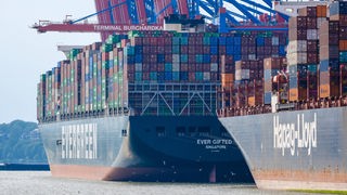 Zwei riesige Containerschiffe liegen im Hamburger Hafen