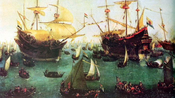 Historisches Gemälde mit Schiffen der niederländischen Ostindien-Kompanie