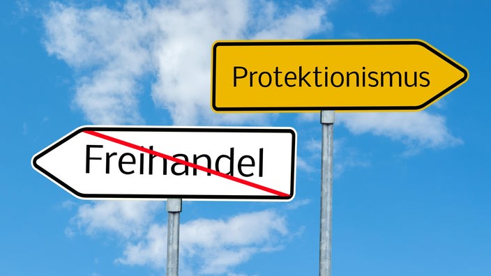 Neben einem Schild mit dem durchgestrichenen Wort Freihandel steht ein Schild mit dem Wort Protektionismus