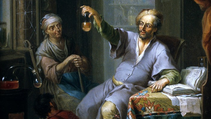 Gemälde: Alchemist mit Flasche mit goldener Flüssigkeit