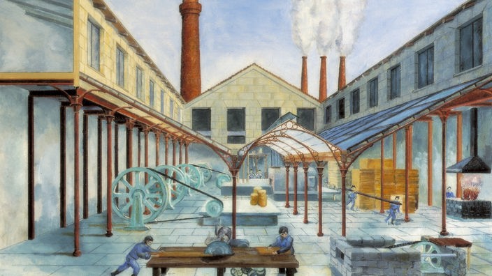 Eine Reihe von Dampfmaschinen, erkennbar an ihren Schwungrädern, unter einer gläsernen Überdachung - im Hintergrund rauchende Schlote, im Vordergrund Arbeiter an einer Säge.