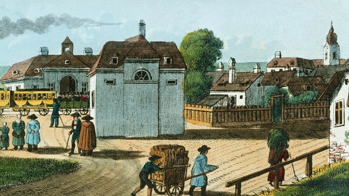 Kolorierte Radierung eines Dorfes (1837)