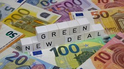 Euro-Scheine liegen auf einer Unterlage, darauf befinden sich Würfel mit der Aufschrift 'Green New Deal'.