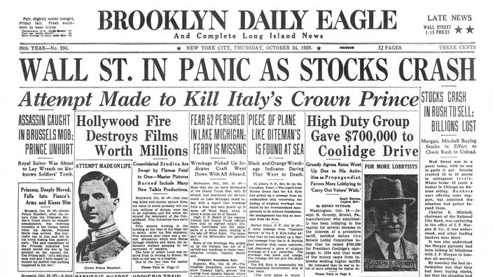 Schwarz-weiß-Kopie der Titelseite der Brooklyn Daily Eagle vom 24.120.1929.