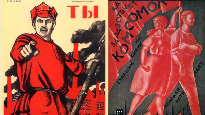 Zwei sowjetische Plakate, auf denen ein gezeichneter Angehöriger der Roten Armee und ein Bauer und eine Bäuerin für den Kommunismus werben.