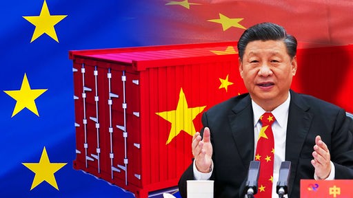 Collage mit Xi Jinping, der europäischen Flagge und einem Container im Hintergrund.