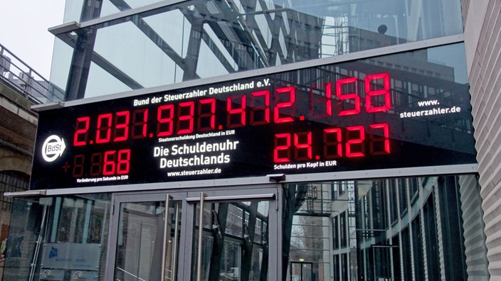 Die Schuldenuhr des Bundes der Steuerzahler - sie zeigt an, wie viele Schulden Deutschland pro Sekunde macht. | Bildquelle: Bund der Steuerzahler/dpa Die Schuldenuhr des Bundes der Steuerzahler - sie zeigt an, wie viele Schulden Deutschland pro Sekunde macht.