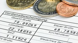 Lohnabrechnungs-Formular mit Euro-Münzen.