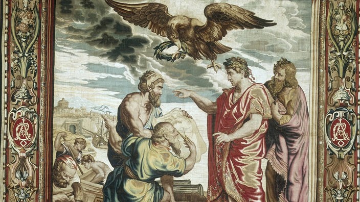 Bildteppich einer Pariser Manufaktur mit der Abbildung Konstantin des Großen. Erstellt nach einer Skizze von Peter Paul Rubens (1577-1640).