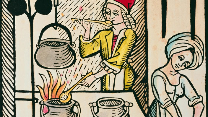 Zeichnung einer mittelalterlichen Küche.