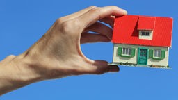 Hand hält ein Miniaturmodell eines Einfamilienhauses. Im Hintergrund ist der blaue Himmel zu sehen. 