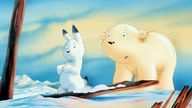 Szene aus einem Zeichentrickfilm. Lars, der Eisbär, und Schneehase Lena im Schnee.