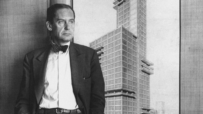 Gropius vor einem Bild eines Wolkenkrazters | Bildquelle: dpa/AP Gropius vor einem Bild eines Wolkenkrazters