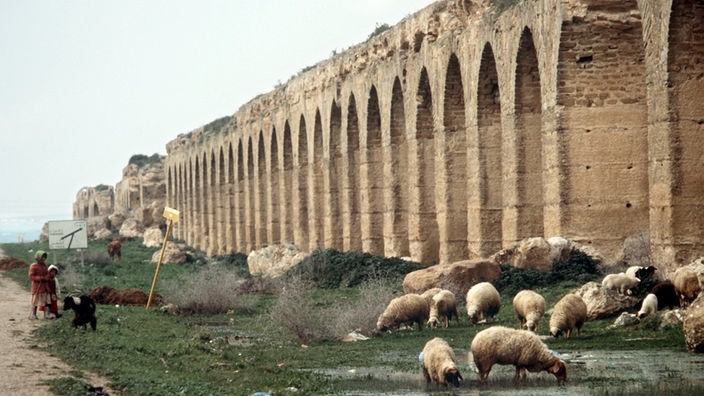 Seitlicher Blick auf ein Aquädukt, das auf einer einstöckigen Rundbogenreihe liegt. Daneben eine Frau, die ein paar Schafe hütet.
