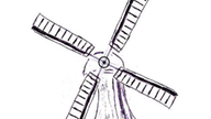Zeichnung einer Mühle mit Flügeln in senkrechter Stellung