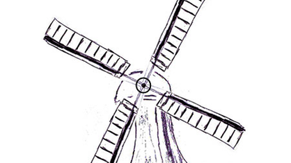 Zeichnung einer Mühle mit Flügeln in senkrechter Stellung | Bildquelle: Gregor Delvaux de Fenffe Zeichnung einer Mühle mit Flügeln in senkrechter Stellung