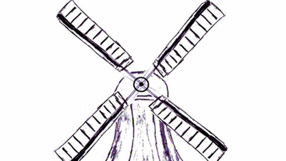 Zeichnung einer Mühle mit Flügeln in 45 Grad Stellung