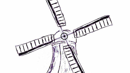 Zeichnung einer Mühle mit Trauerschere