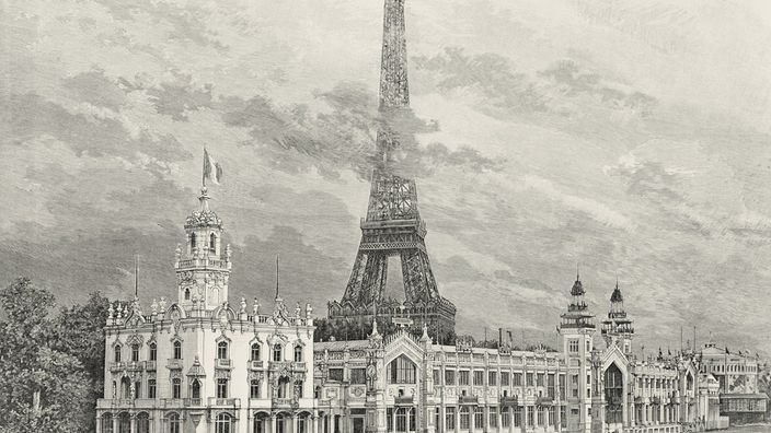 Zeitgenössischer Holzstich zeigt den Eiffelturm im Jahr 1889 