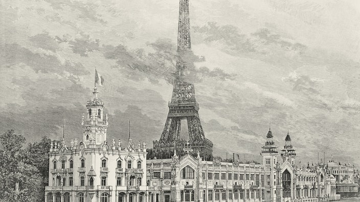Zeitgenössischer Holzstich zeigt den Eiffelturm im Jahr 1889 | Bildquelle: akg-images Zeitgenössischer Holzstich zeigt den Eiffelturm im Jahr 1889