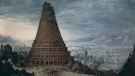 Ein Gemälde zeigt die Baustelle des berühmten Turmbaus zu Babel