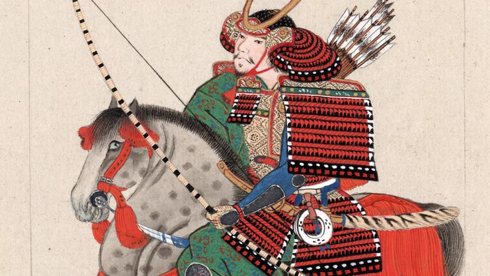 Zeichnung eines Samurais auf einem Pferd mit Rüstung, Helm sowie Pfeil und Bogen