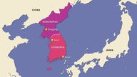 Grafische Landkarte von Korea mit eingezeichneter Grenze zwischen Nord- und Südkorea.