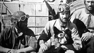 Das Schwarzweiß-Bild zeigt drei Männer mit Pilotenmasken vor einem Flugzeug. In ihrer Mitte steht ein Hund, der ebenfalls eine Pilotenmaske trägt.