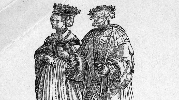 Holzstich in Schwarzweiß: Ein Ehepaar in mittelalterlicher Kleidung geht nebeneinander her