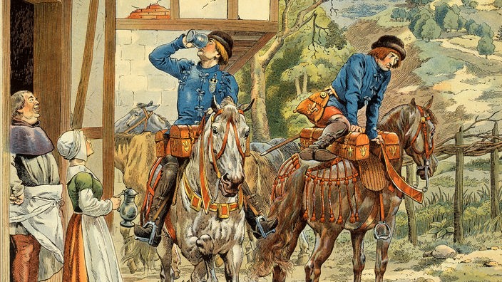 Ein zeitgenössisches Gemälde zeigt zwei französische Postreiter, die, auf ihren Pferden sitzend, eine kurze Rast an einem Gasthaus machen.