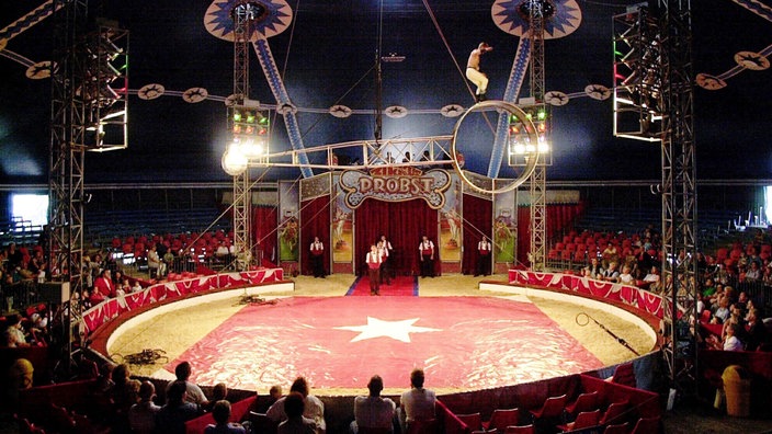 Die Manege des Zirkus Probst ist vor Publikum zu sehen. Ein Akrobat bestreitet eine Übung auf einem Hochseil. | Bildquelle: Jens Koehler/ddp Die Manege des Zirkus Probst ist vor Publikum zu sehen. Ein Akrobat bestreitet eine Übung auf einem Hochseil.