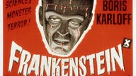 Filmplakat zur Verfilmung von "Frankenstein". Das Plakat zeigt den Kopf Frankensteins auf rotem Hintergrund.