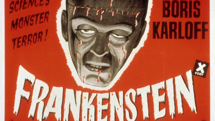Filmplakat zur Verfilmung von "Frankenstein". Das Plakat zeigt den Kopf Frankensteins auf rotem Hintergrund. | Bildquelle: INTERFOTO/Mary Evans Filmplakat zur Verfilmung von "Frankenstein". Das Plakat zeigt den Kopf Frankensteins auf rotem Hintergrund.