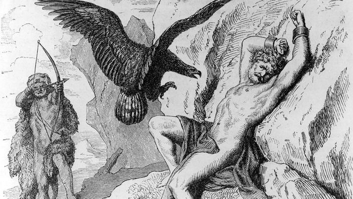 Gemälde, auf dem ein Adler auf Prometheus zufliegt