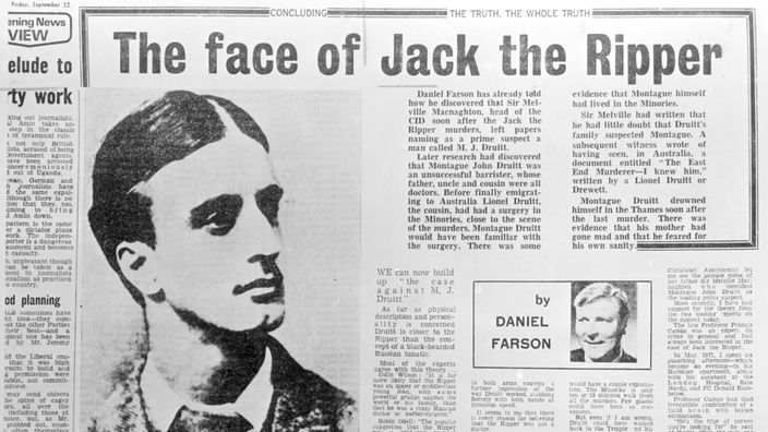 Zeitungsausschnitt mit der Überschrift "The Face of Jack the Ripper"