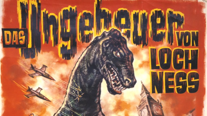 Filmplakat von 1953 mit der Aufschrift 'Das Ungeheur von Loch Ness'. Darauf ist ein überdimensionaler, grimmig aussehender Dinosaurier abgebildet.