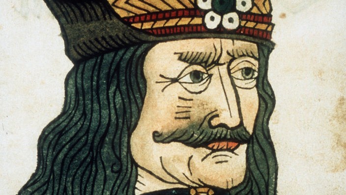 Farbiger Holzschnitt des rumänischen Fürsten Vlad Tepes, der Pfähler.