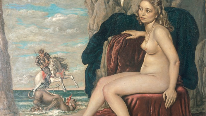Das Gemälde von Giorgio de Chirico "Ruggero befreit Angelica" zeigt den Drachenkämpfer Ruggero, der einen Drachen töten und im Vordergrund die nackte Angelica.