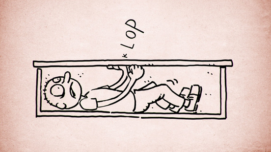 Zeichnung: Ein Mann liegt in einem verschlossenen Sarg