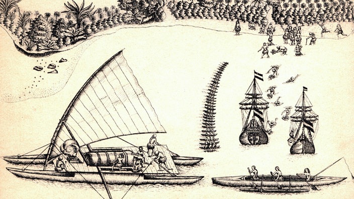 Zeichnung eines polynesischen Katamarans und eines Einbaums | Bildquelle: Interfoto/Sammlung Rauch Zeichnung eines polynesischen Katamarans und eines Einbaums