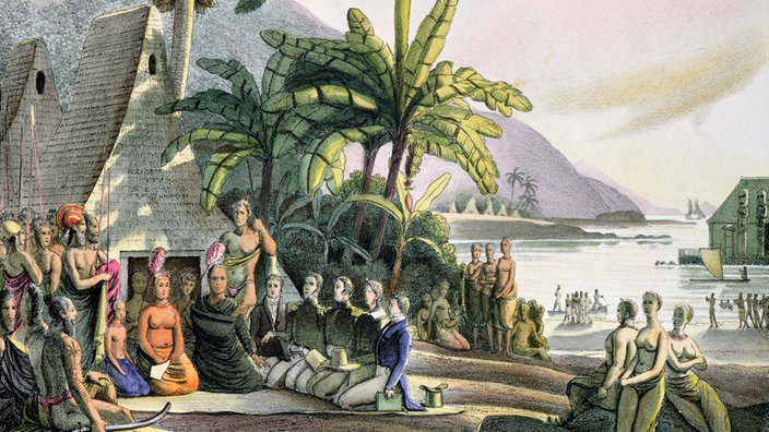 Gemälde: König Kamehameha I. empfängt eine weiße Delegation | Bildquelle: WDR/Mauritius/United Archives Gemälde: König Kamehameha I. empfängt eine weiße Delegation