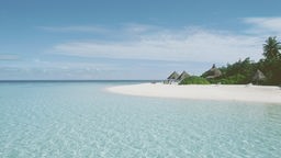 Palmenstrand auf den Malediven mit blauem Wasser und Hotelhütten