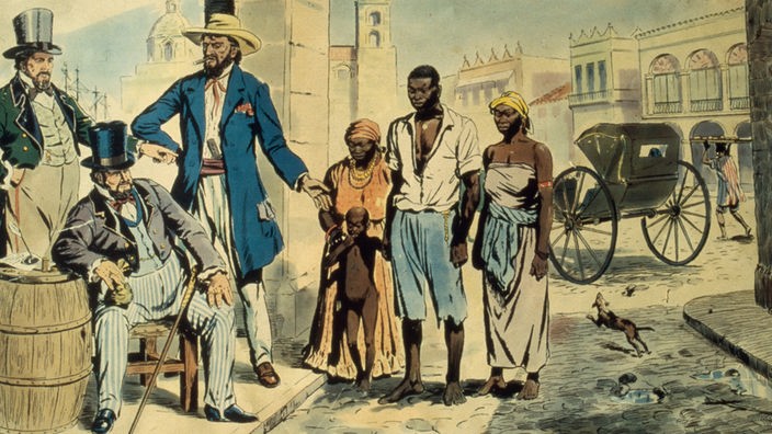 Zeichnung: Sklaven werden zum Kauf angeboten.