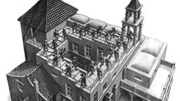 Grafik "Aufsteigend und Absteigend" von Maurits Cornelis Escher: gezeichnete Menschen laufen treppauf und treppab