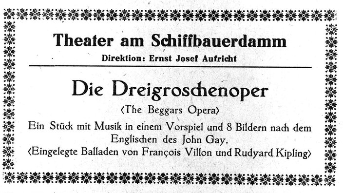 Programmheft der Uraufführung der Dreigroschenoper am 31. August 1928 | Bildquelle: WDR / picture alliance Programmheft der Uraufführung der Dreigroschenoper am 31. August 1928