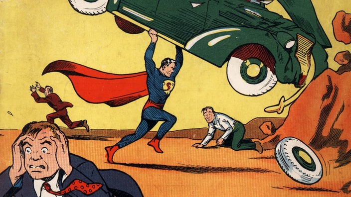 Auf dem Cover der ersten Superman-Ausgabe ist Superman im typischen roten Mantel zu sehen, wie er ein Auto hochhebt. 