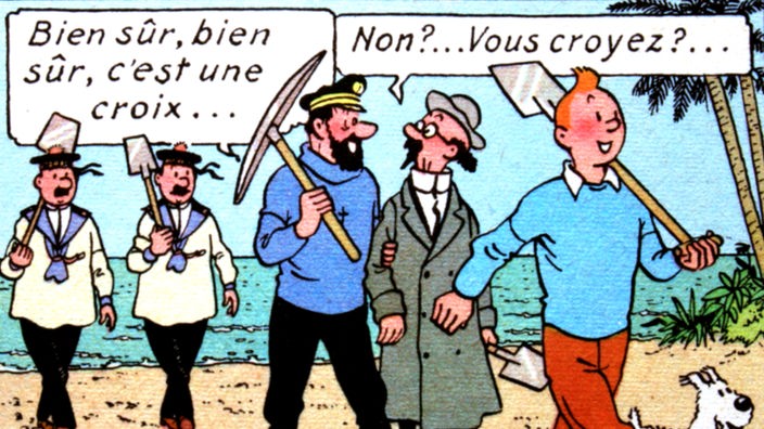 Ausschnitt eines Comics zeigt Tim und Struppi und noch weitere Charaktere, gezeichnet im typischen Ligne claire-Stil